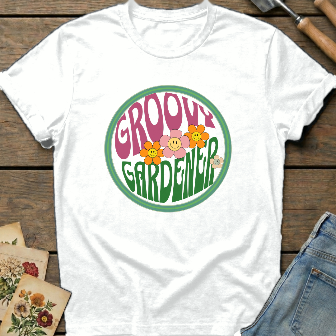 Groovy Gardener T-shirt in White - Comfort Colors 1717 flat lay