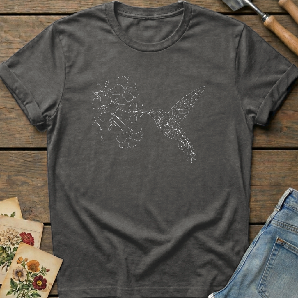 Hummingbird Trumpet Vine T-Shirt in Pepper - Comfort Colors 1717 flat lay