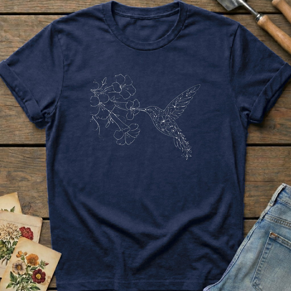 Hummingbird Trumpet Vine T-Shirt in Midnight - Comfort Colors 1717 flat lay