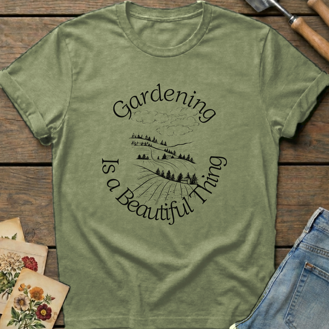 Gardening is a Beautiful Thing T-shirt in Moss - Comfort Colors 1717 flat lay