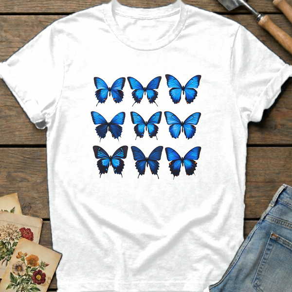 Blue Butterfly Matrix in White - Comfort Colors 1717 flat lay