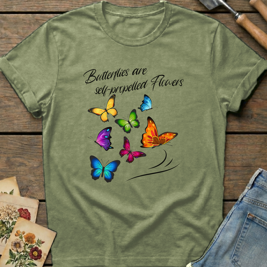 Butterflies are self-propelled Flowers T-shirt in Moss - Comfort Colors 1717 flat lay
