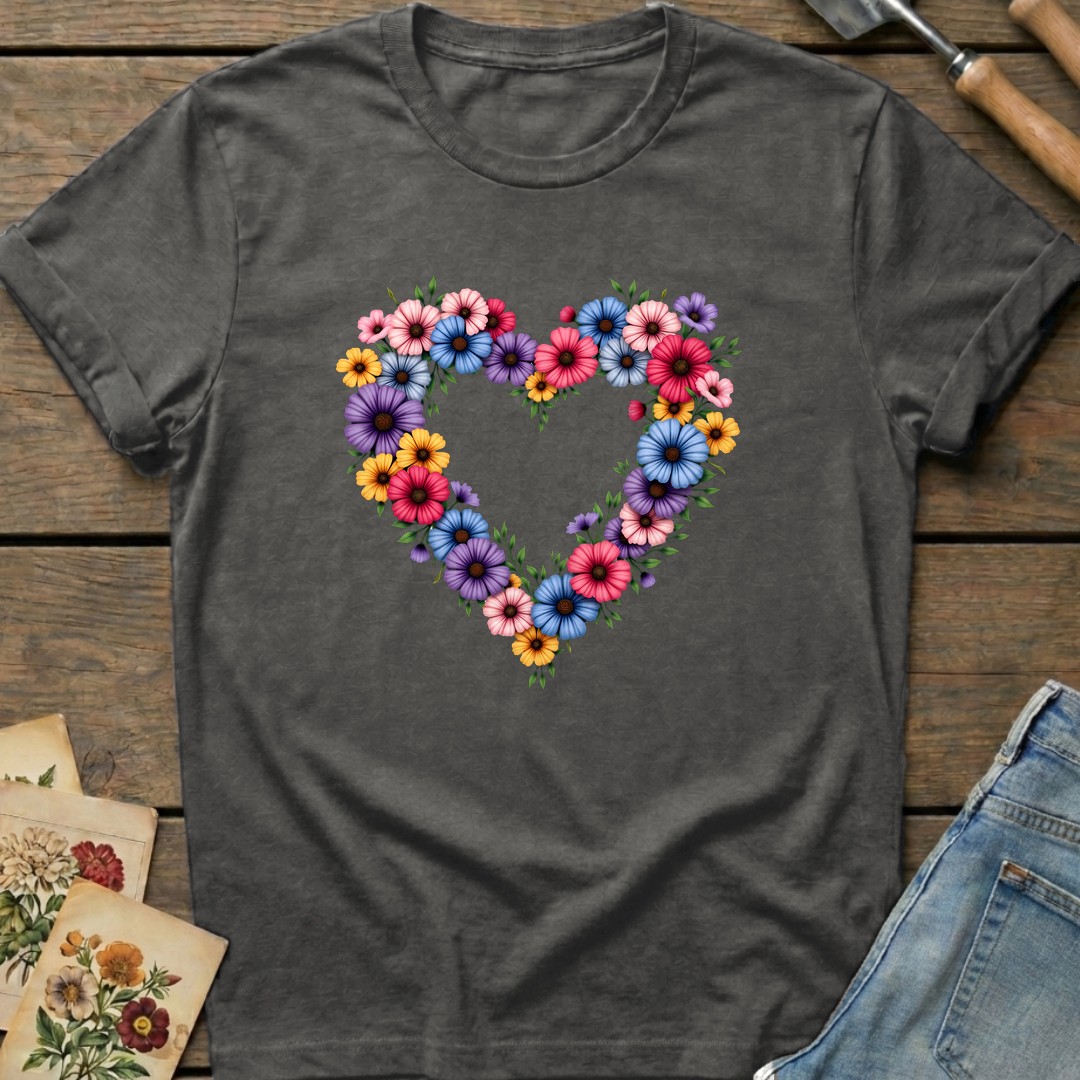 Heart Flowers T-Shirt in Pepper - Comfort Colors 1717 flat lay