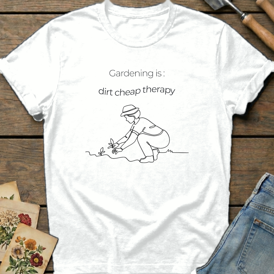 Gardening Dirt Cheap Therapy T-Shirt in White - Comfort Colors 1717 flat lay