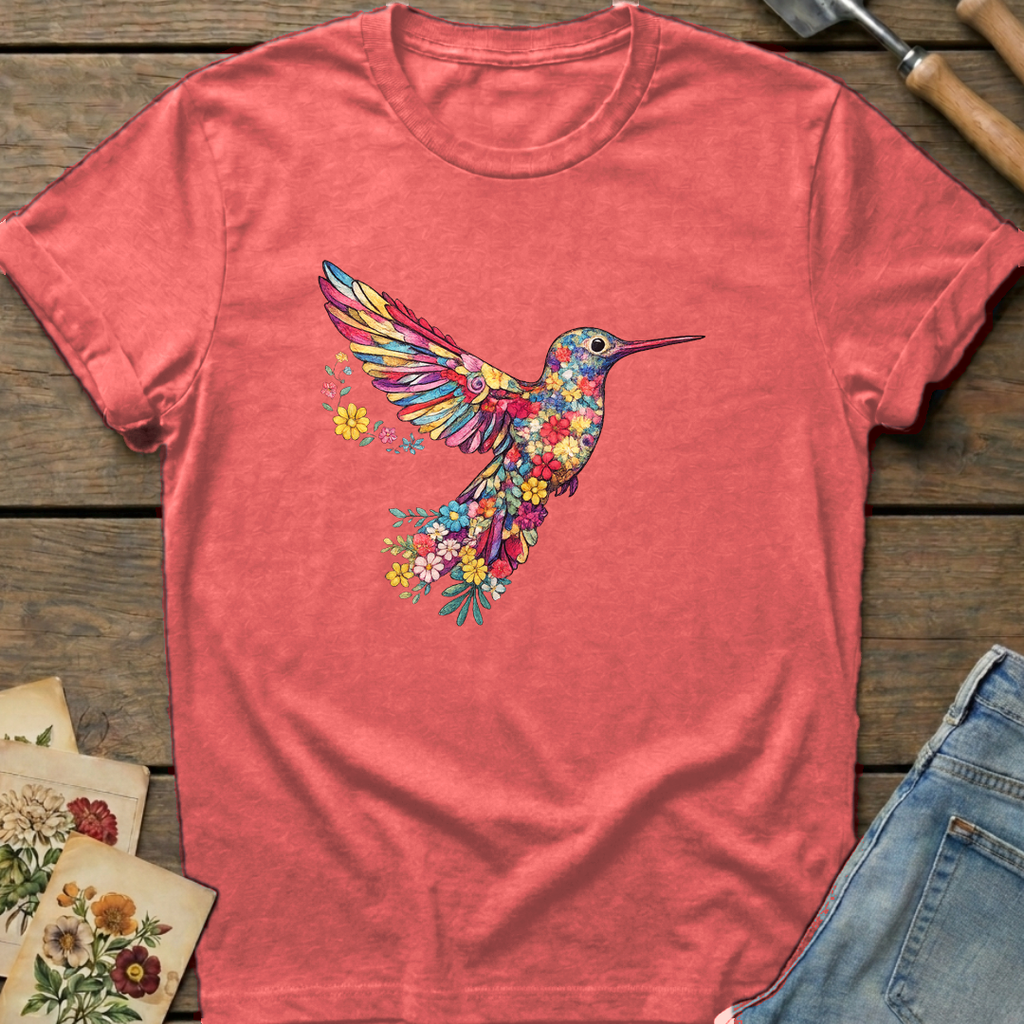 Embroidered Hummingbird (faux)T-shirt in Watermelon - Comfort Colors 1717 flat lay