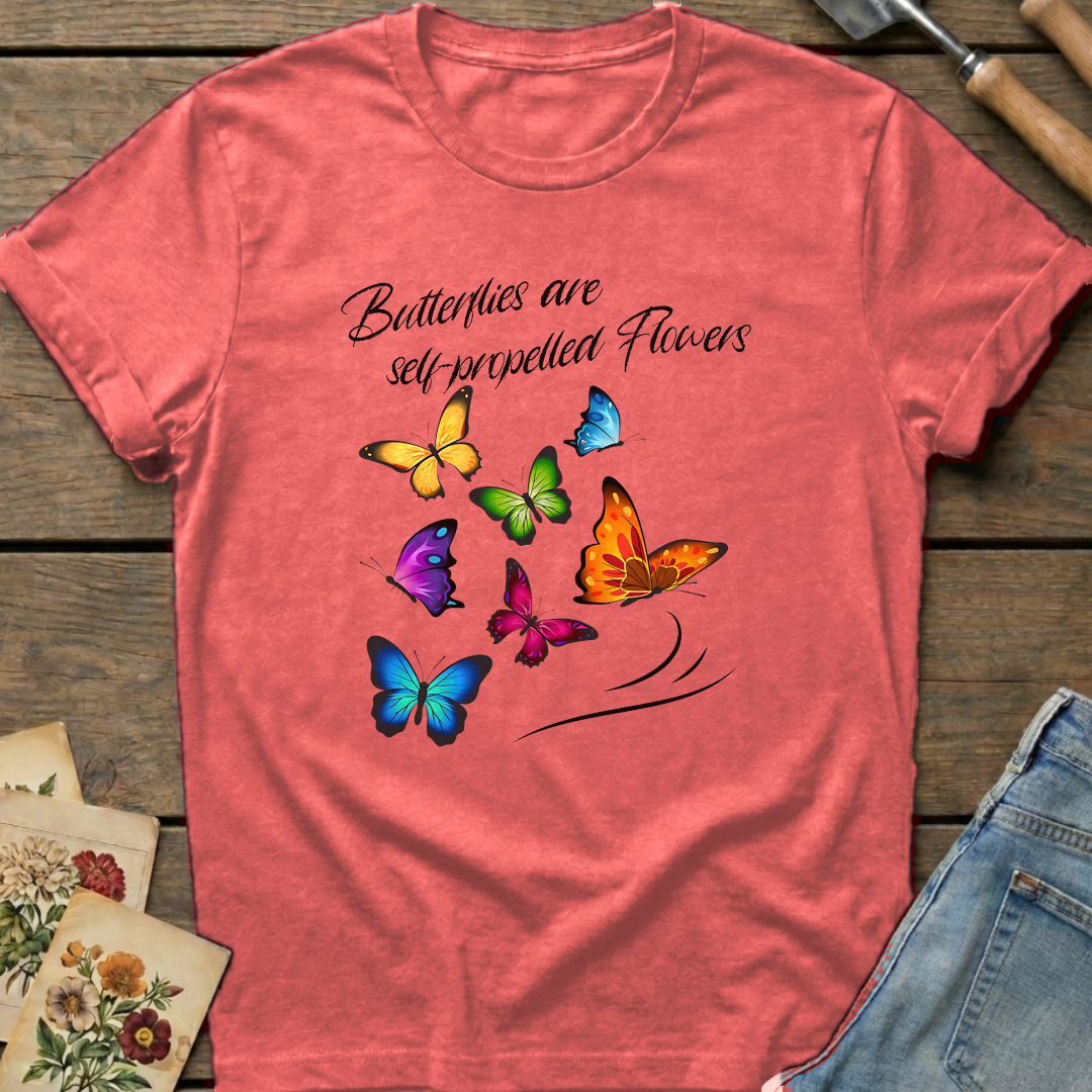 Butterflies are self-propelled Flowers T-shirt in Watermelon - Comfort Colors 1717 flat lay