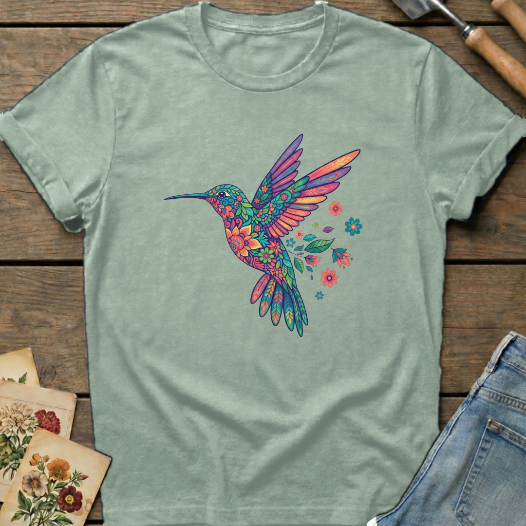 Gem Flower Hummingbird T-shirt in Bay - Comfort Colors 1717 flat lay