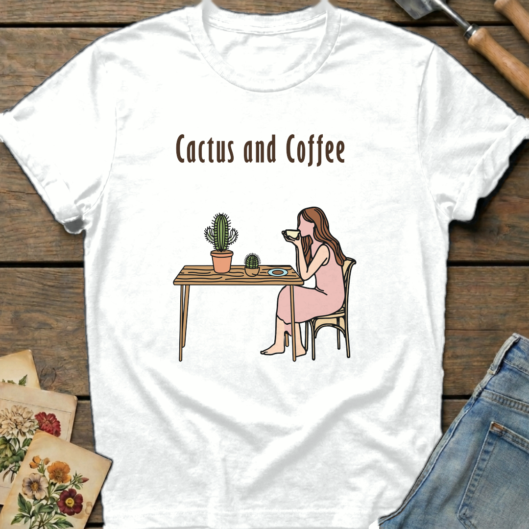 Cactus and Coffee T-Shirt in White - Comfort Colors 1717 flat lay