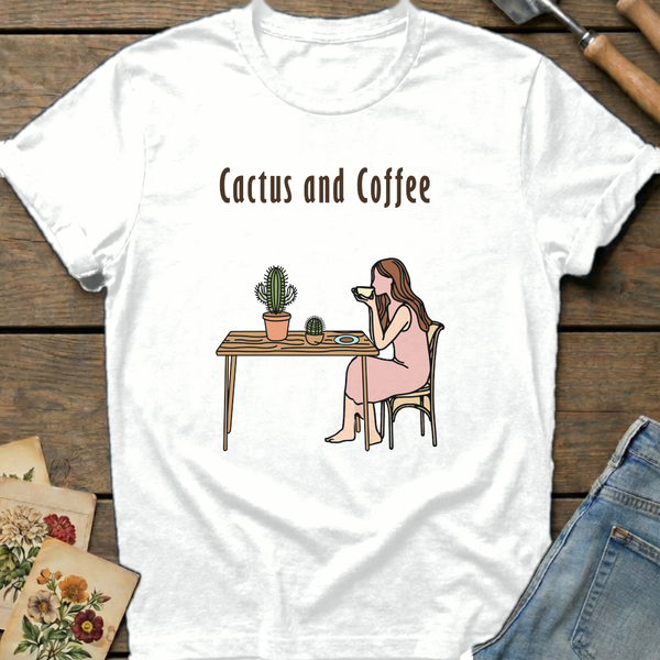 Cactus and Coffee T-Shirt in White - Comfort Colors 1717 flat lay