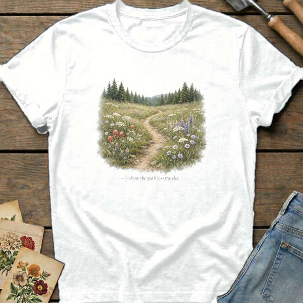 Follow the Path Less Traveled T-shirt in White - Comfort Colors 1717 flat lay