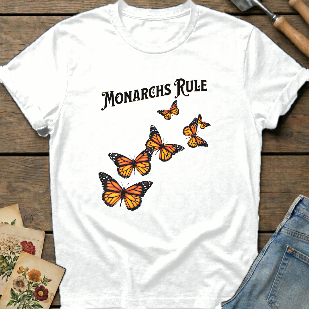 Monarchs Rule in White - Comfort Colors 1717 flat lay