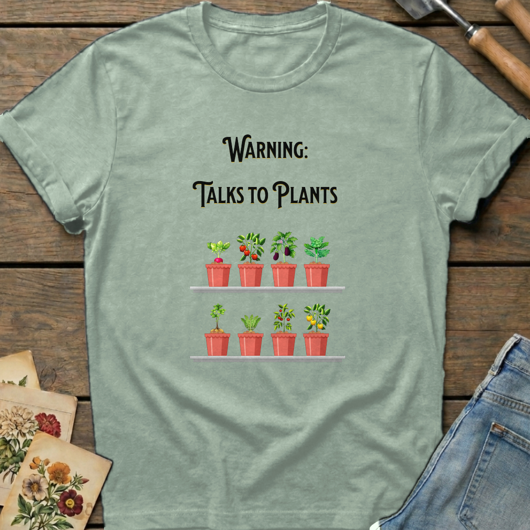 Warning Talks to Plants T-Shirt in Bay - Comfort Colors 1717 flat lay