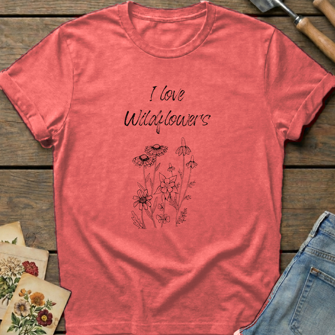 I Love Wild Flowers T-Shirt in Watermelon - Comfort Colors 1717 flat lay