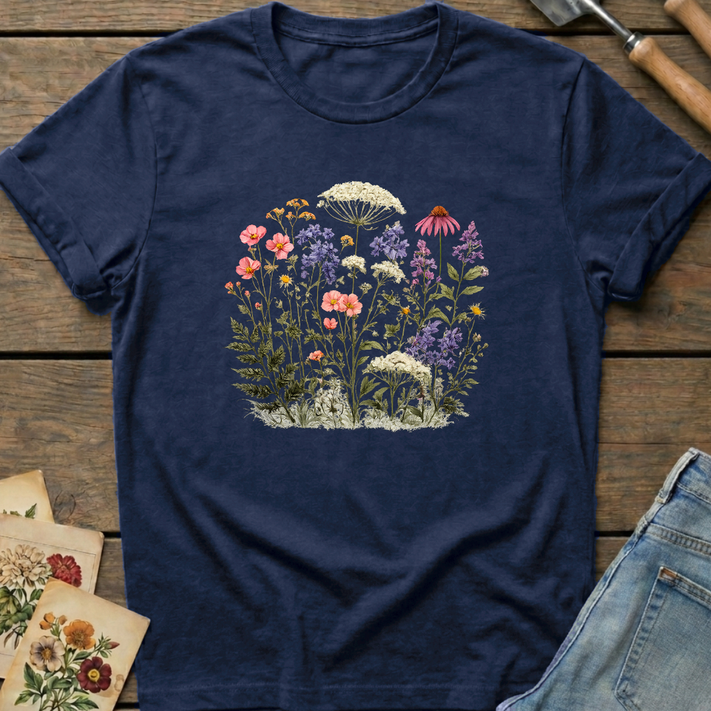 Colorful Wild Flowers T-shirt in Midnight - Comfort Colors 1717 flat lay