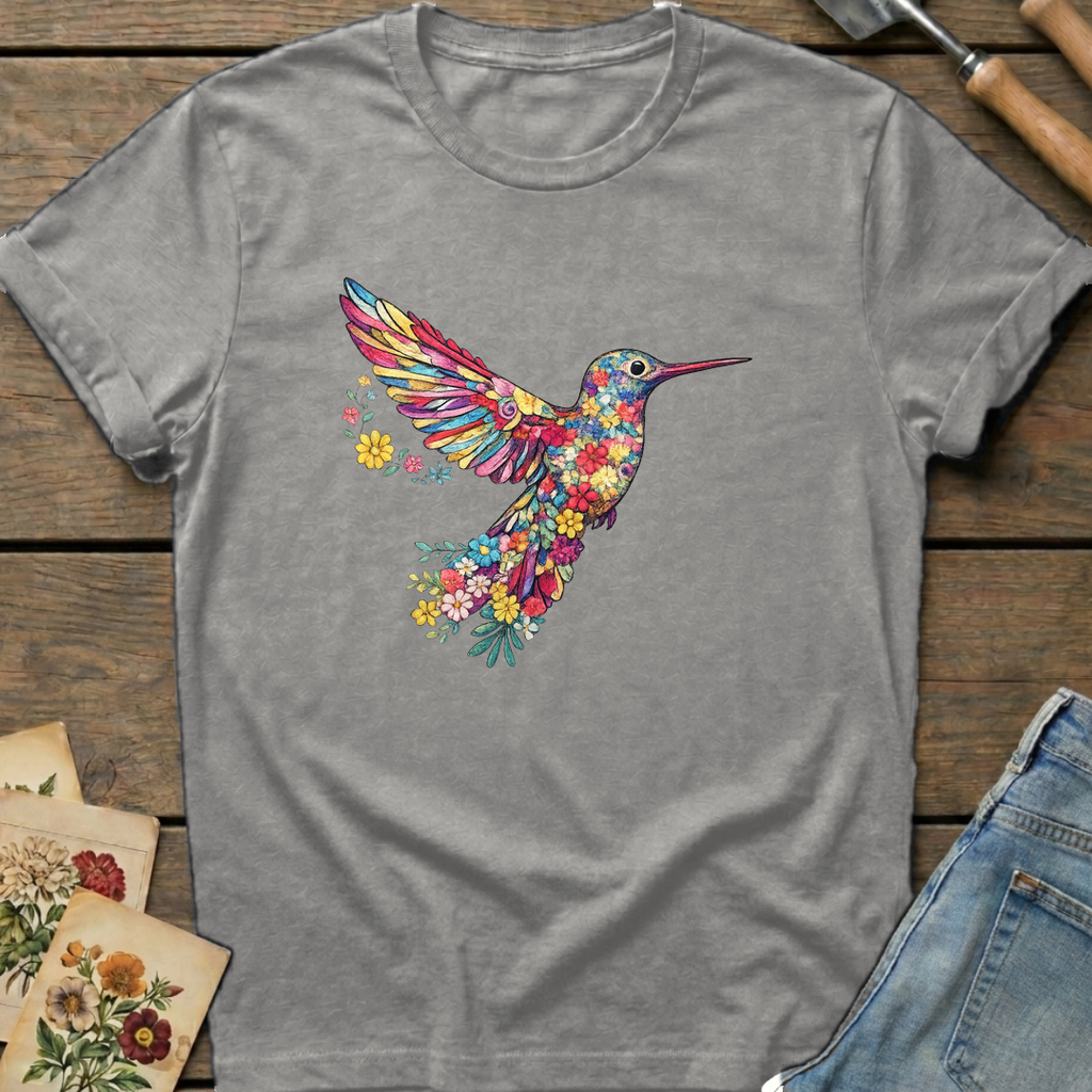 Embroidered Hummingbird (faux)T-shirt in Grey - Comfort Colors 1717 flat lay