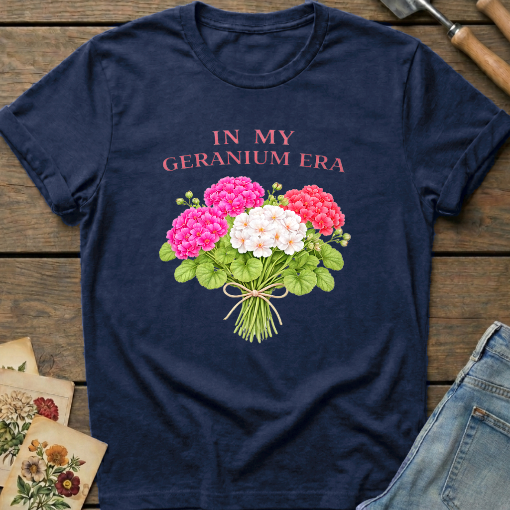 In My Geranium Era T-Shirt in Midnight - Comfort Colors 1717 flat lay