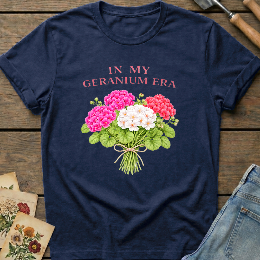In My Geranium Era T-Shirt in Midnight - Comfort Colors 1717 flat lay