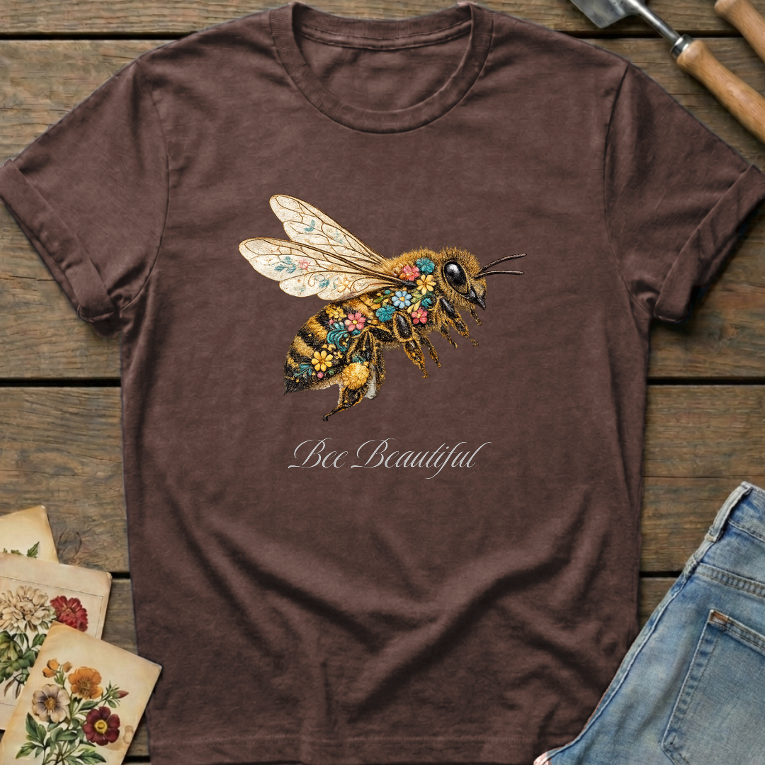 Bee Beautiful T-shirt in Espresso - Comfort Colors 1717 flat lay
