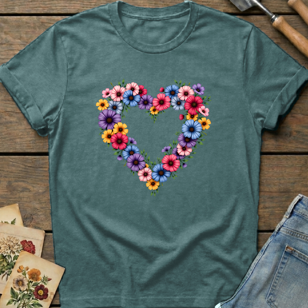 Heart Flowers T-Shirt in Blue Spruce - Comfort Colors 1717 flat lay