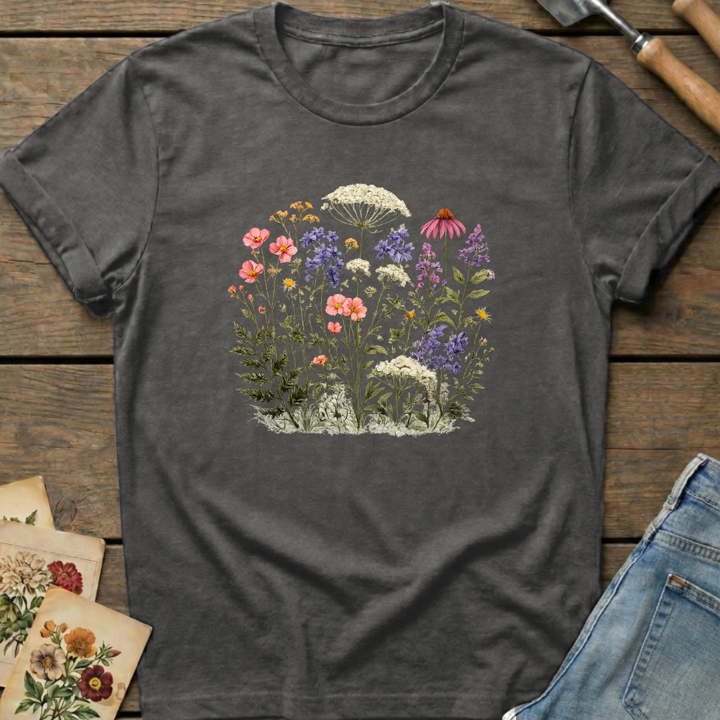 Colorful Wild Flowers T-shirt in Pepper - Comfort Colors 1717 flat lay