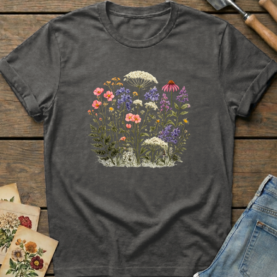 Colorful Wild Flowers T-shirt in Pepper - Comfort Colors 1717 flat lay