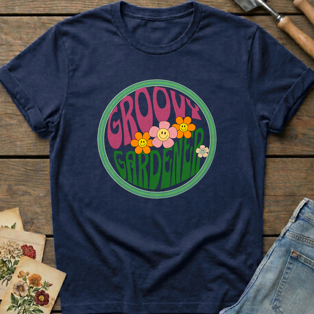 Groovy Gardener T-shirt in Midnight - Comfort Colors 1717 flat lay