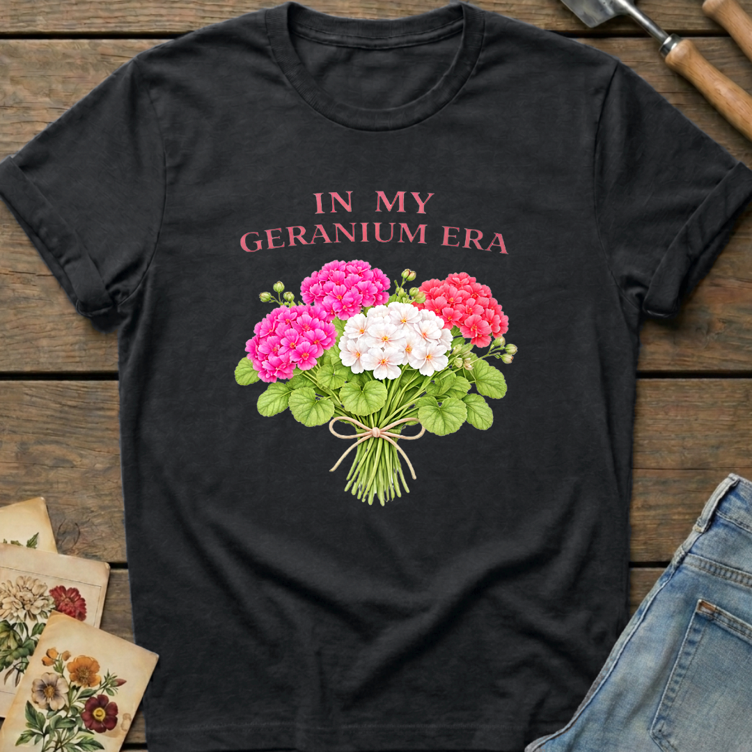 In My Geranium Era T-Shirt in Black - Comfort Colors 1717 flat lay