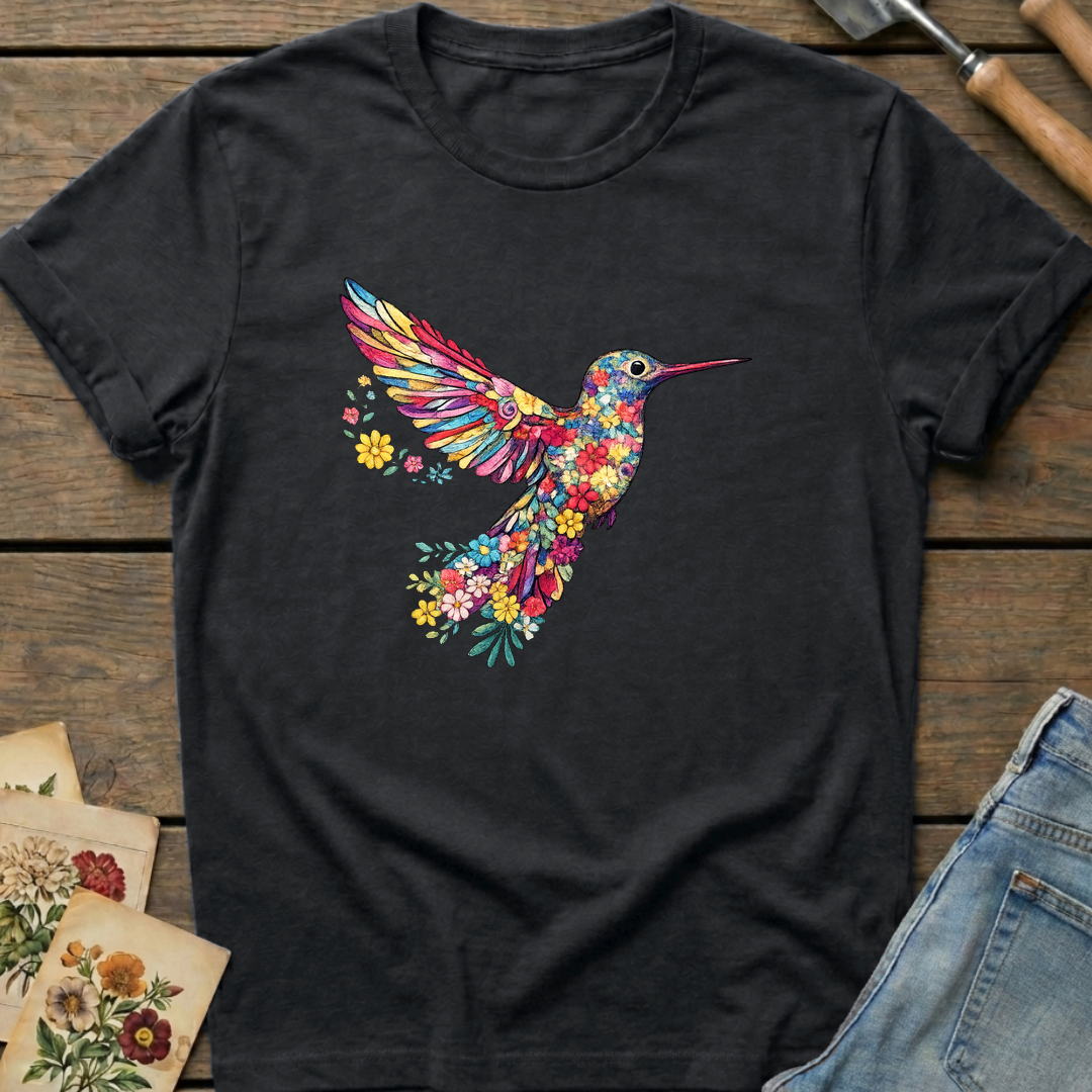 Embroidered Hummingbird (faux)T-shirt in Black - Comfort Colors 1717 flat lay