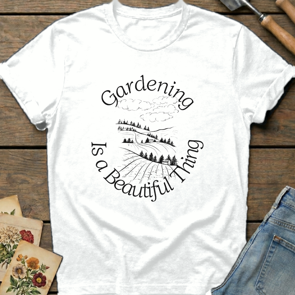 Gardening is a Beautiful Thing T-shirt in White - Comfort Colors 1717 flat lay