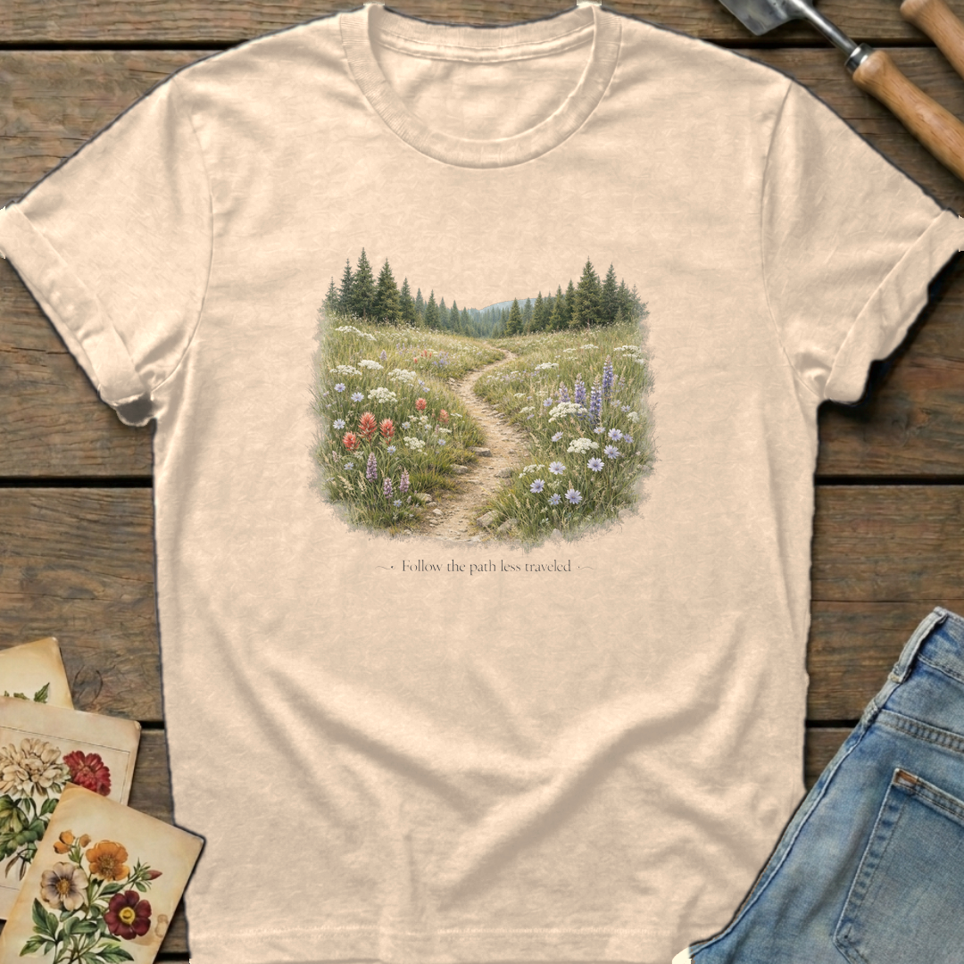 Follow the Path Less Traveled T-shirt in Ivory - Comfort Colors 1717 flat lay