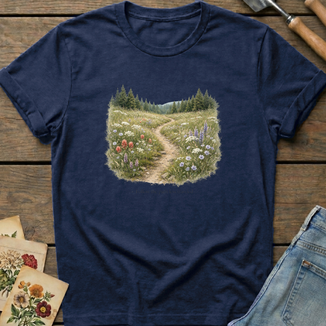 Follow the Path Less Traveled T-shirt in Midnight - Comfort Colors 1717 flat lay