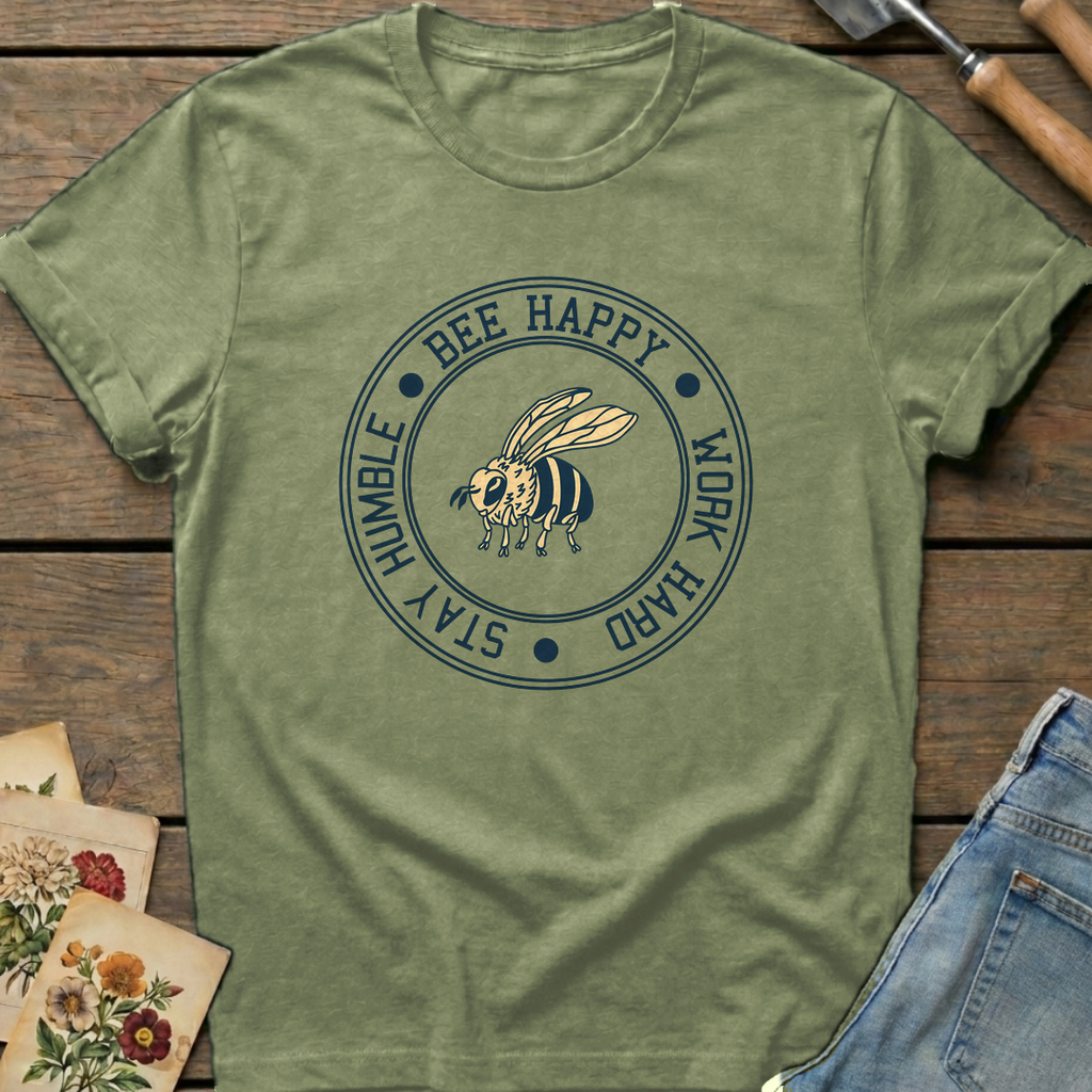 Happy, Work, Humble Bee T-Shirt in Moss - Comfort Colors 1717 flat lay