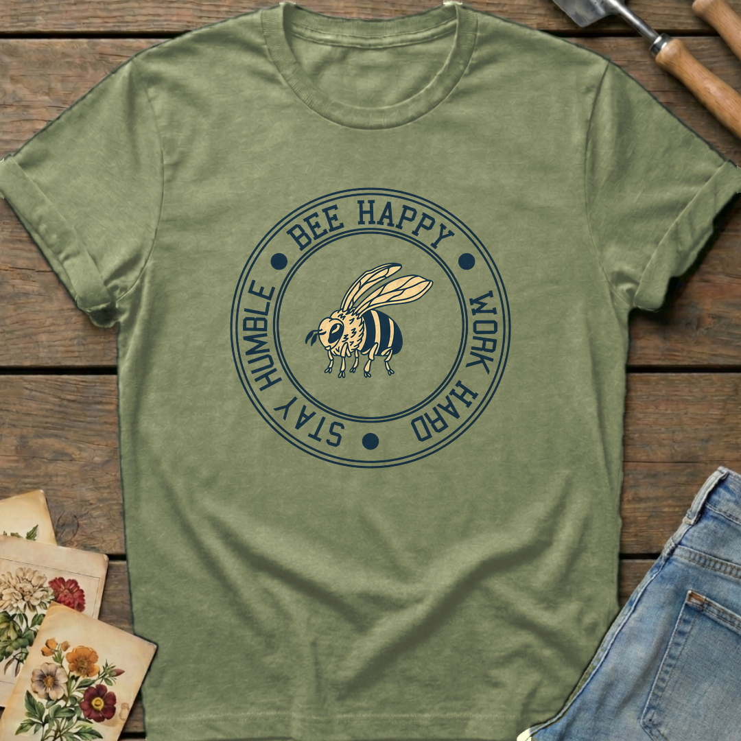 Happy, Work, Humble Bee T-Shirt in Moss - Comfort Colors 1717 flat lay