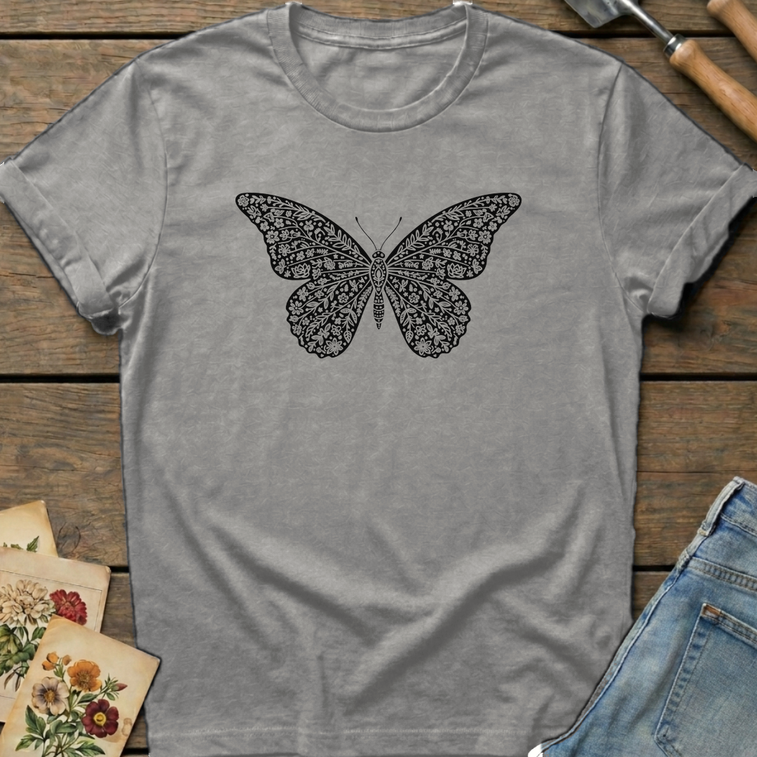 Butterfly Silhouette T-shirt in Grey - Comfort Colors 1717 flat lay
