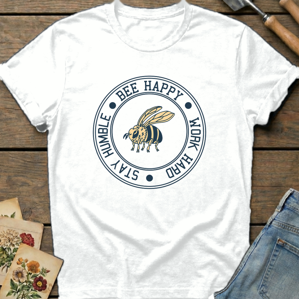 Happy, Work, Humble Bee T-Shirt in White - Comfort Colors 1717 flat lay