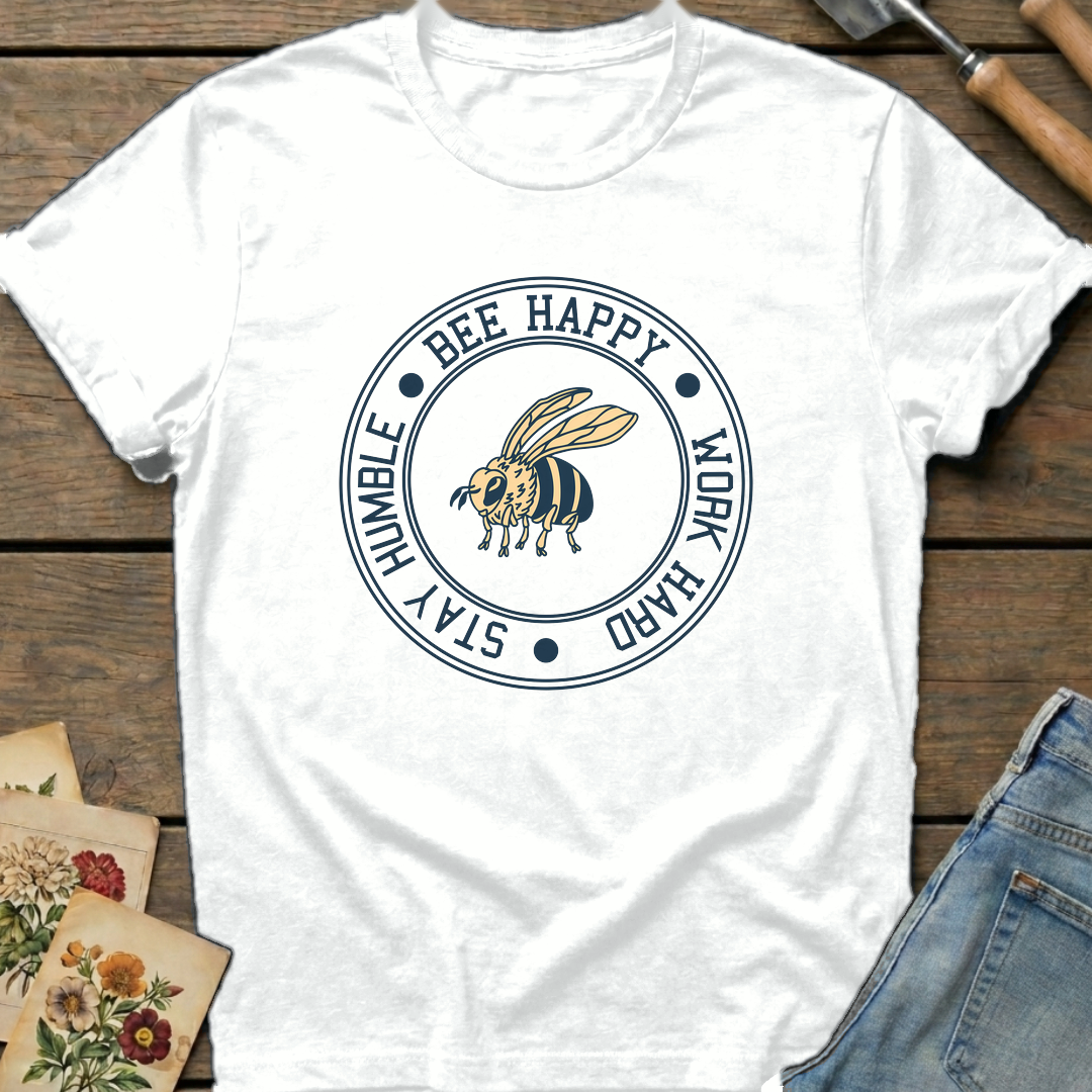 Happy, Work, Humble Bee T-Shirt in White - Comfort Colors 1717 flat lay