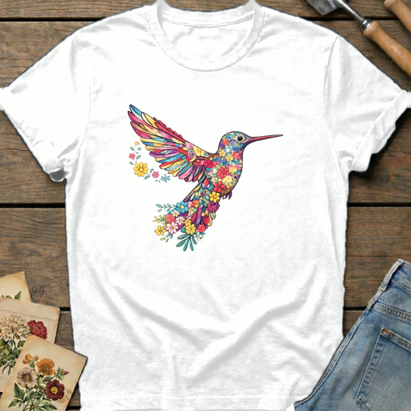 Embroidered Hummingbird (faux)T-shirt in White - Comfort Colors 1717 flat lay