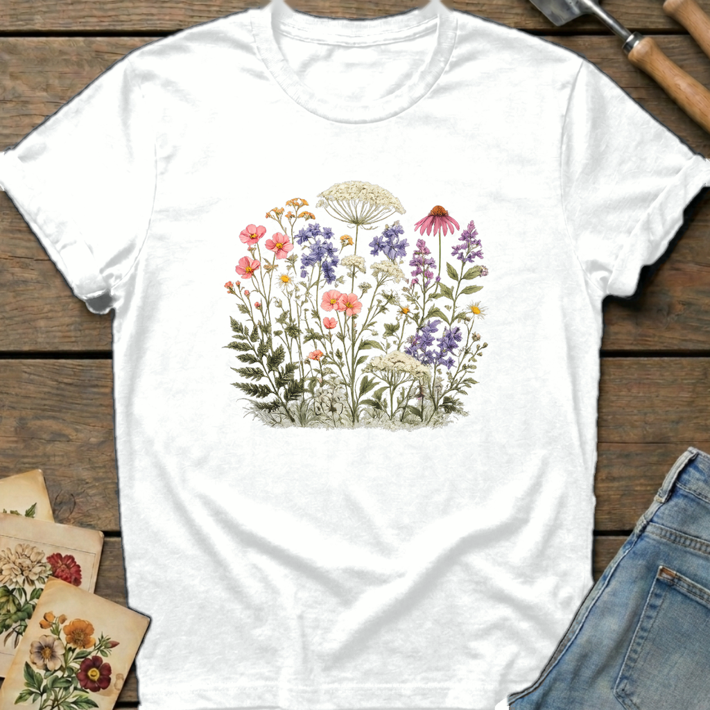 Colorful Wild Flowers T-shirt in White - Comfort Colors 1717 flat lay
