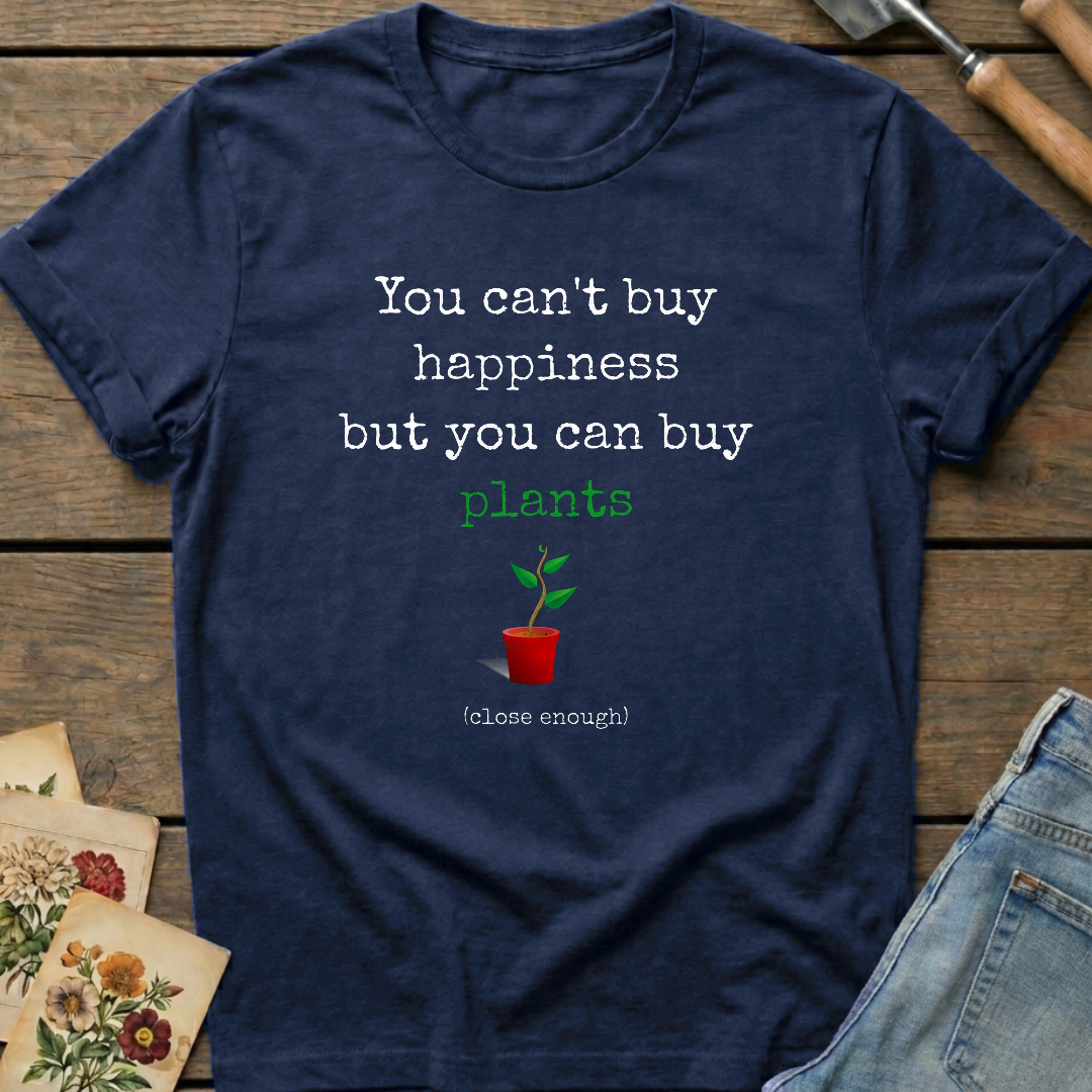 Can't Buy Happiness T-Shirt in Midnight - Comfort Colors 1717 flat lay