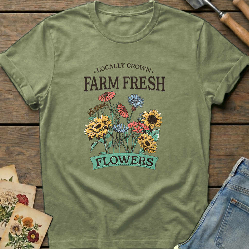 Farm Fresh Locally Grown T-Shirt in Moss - Comfort Colors 1717 flat lay