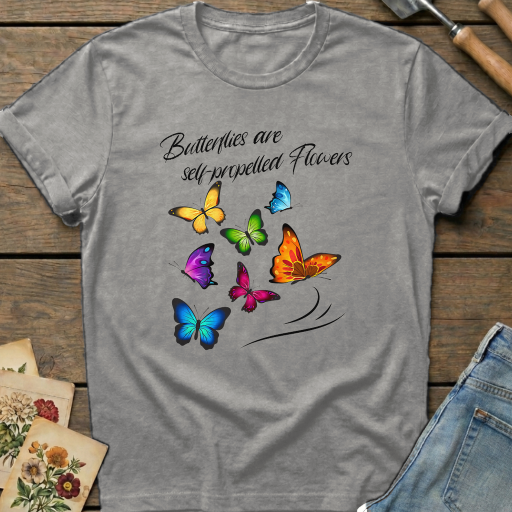 Butterflies are self-propelled Flowers T-shirt in Grey - Comfort Colors 1717 flat lay
