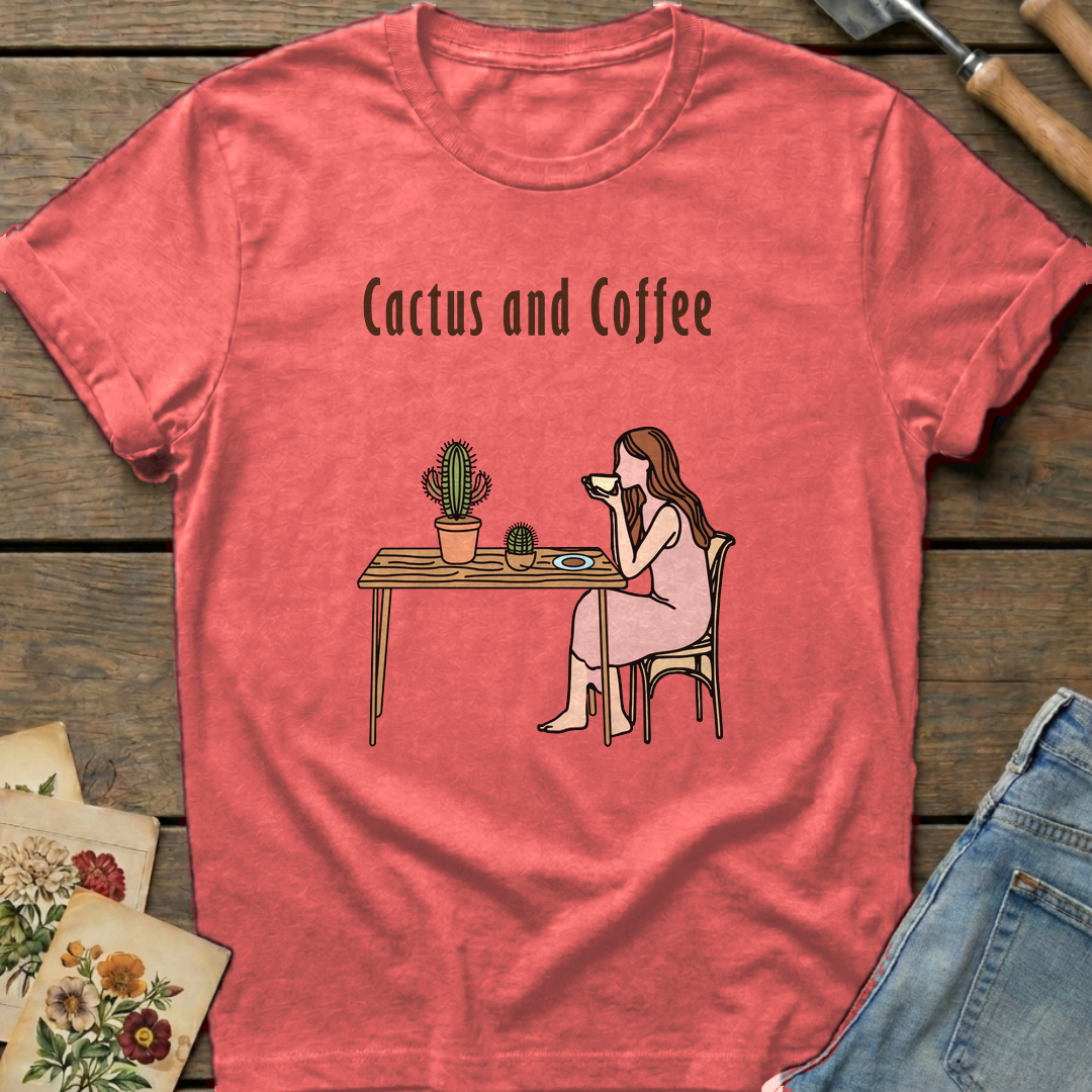 Cactus and Coffee T-Shirt in Watermelon - Comfort Colors 1717 flat lay