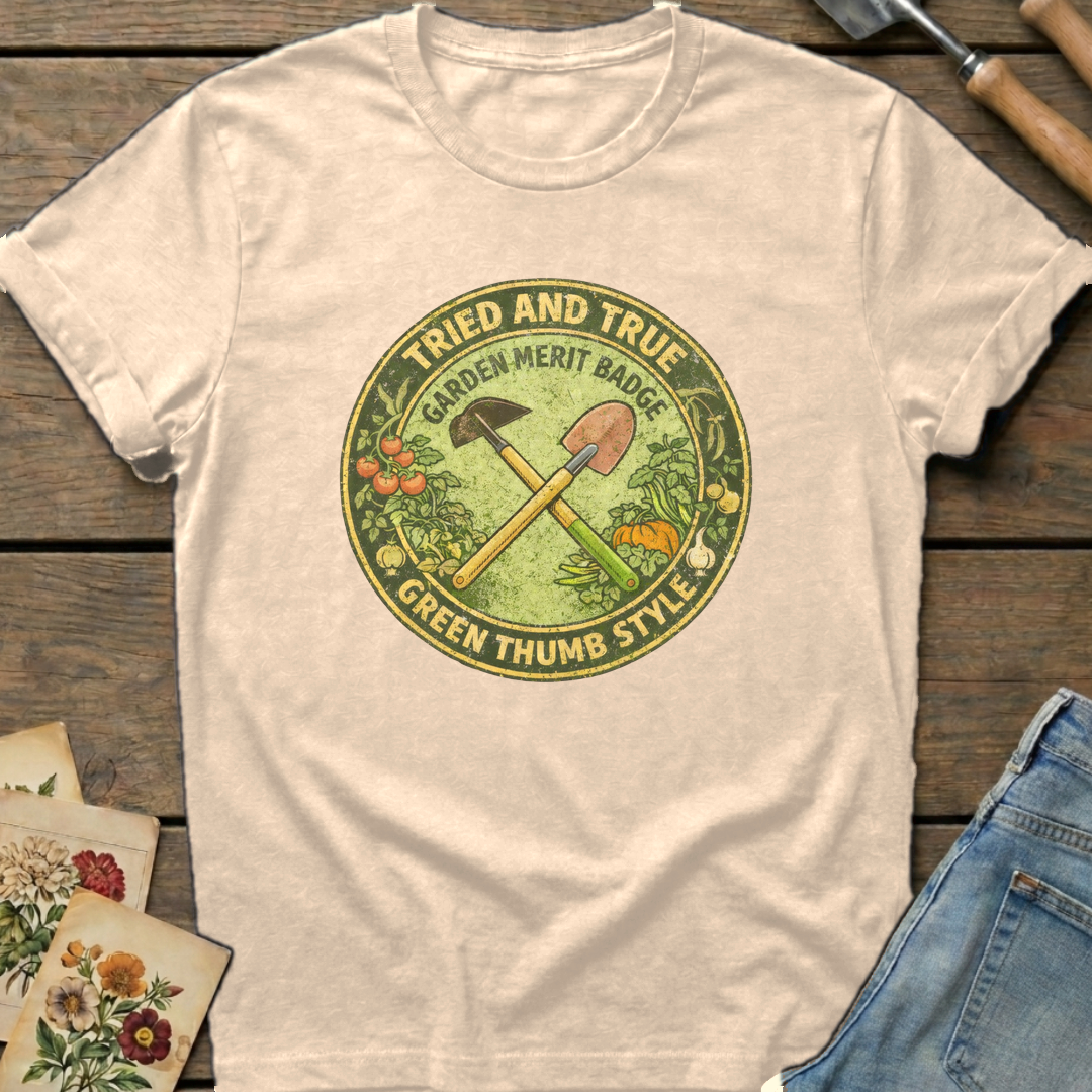 Garden Merit Badge in Ivory - Comfort Colors 1717 flat lay