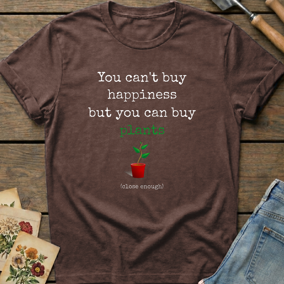 Can't Buy Happiness T-Shirt in Espresso - Comfort Colors 1717 flat lay