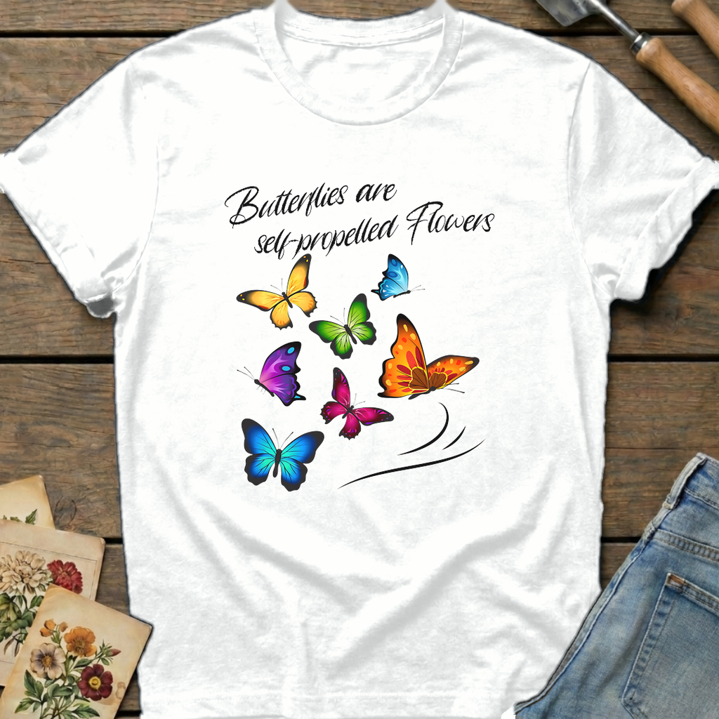 Butterflies are self-propelled Flowers T-shirt in White - Comfort Colors 1717 flat lay