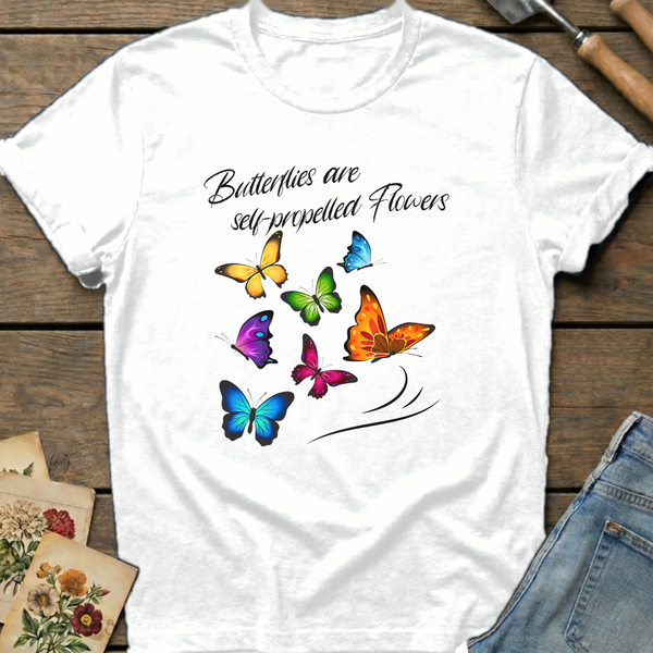 Butterflies are self-propelled Flowers T-shirt in White - Comfort Colors 1717 flat lay
