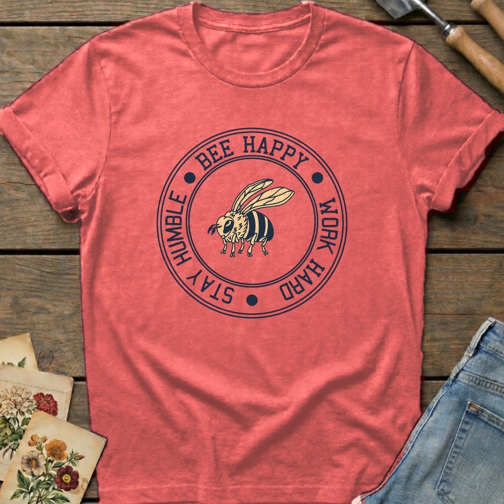 Happy, Work, Humble Bee T-Shirt in Watermelon - Comfort Colors 1717 flat lay