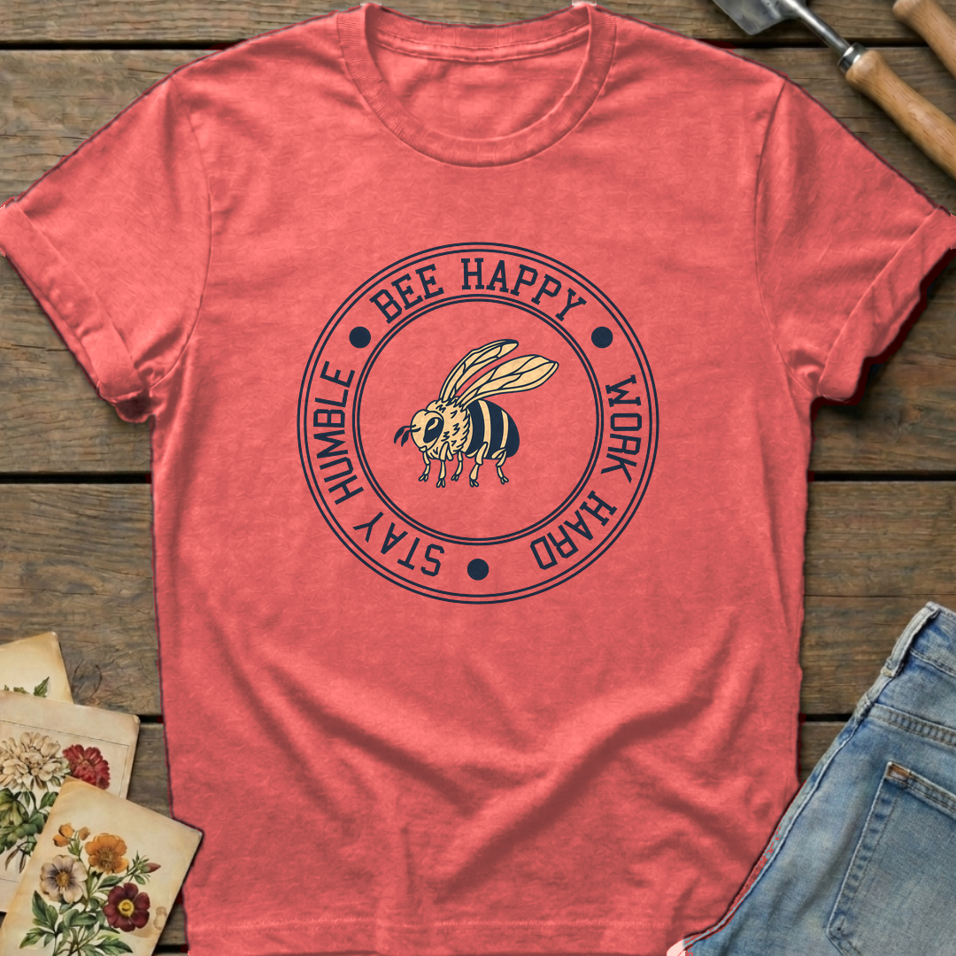 Happy, Work, Humble Bee T-Shirt in Watermelon - Comfort Colors 1717 flat lay