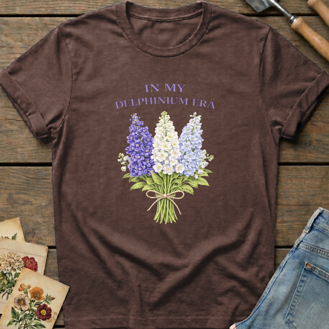 Delphinium Era T-Shirt in Espresso - Comfort Colors 1717 flat lay
