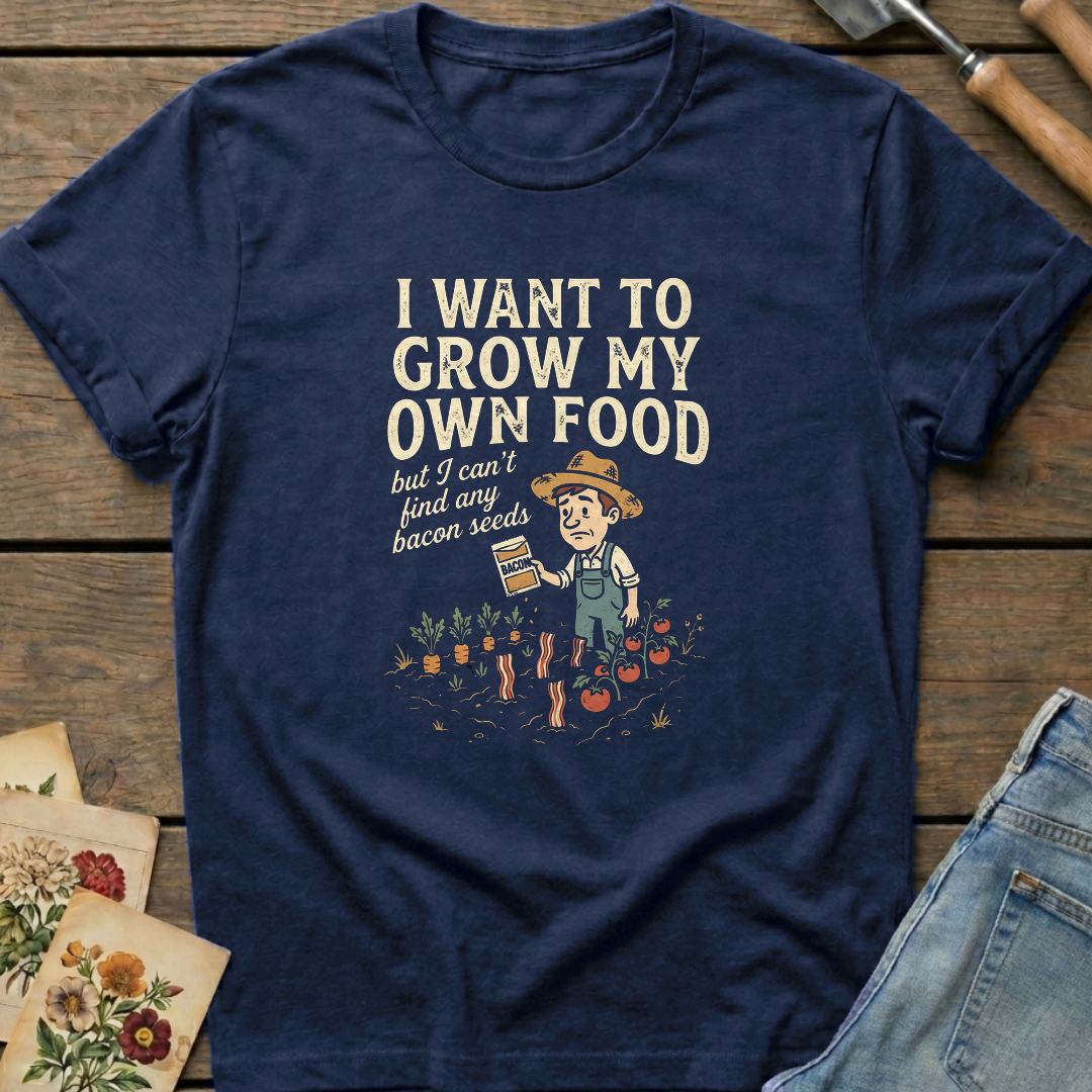 Bacon Seeds T-Shirt in Midnight - Comfort Colors 1717 flat lay
